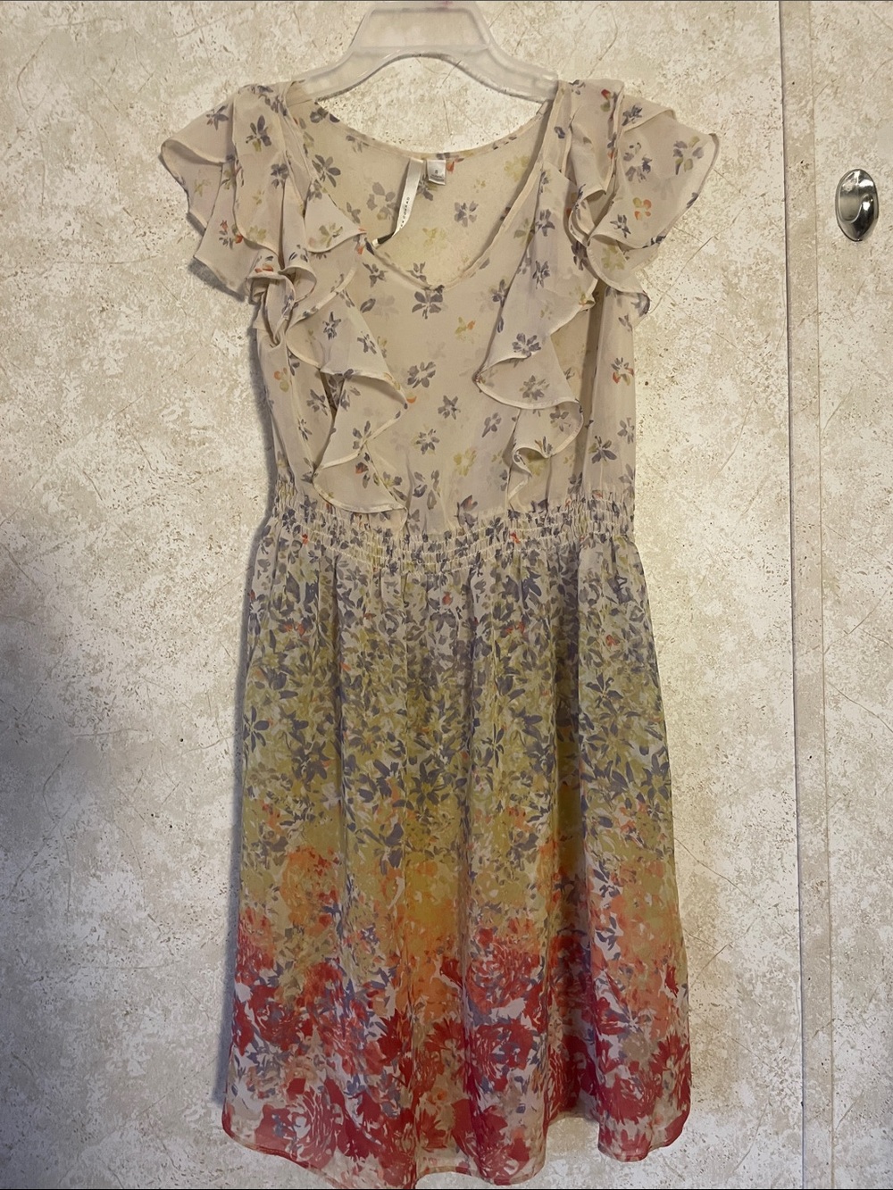 LC Lauren Conrad Cottagecore Beige Floral Flutter Sleeve Ruffle Midi Sheer Dress